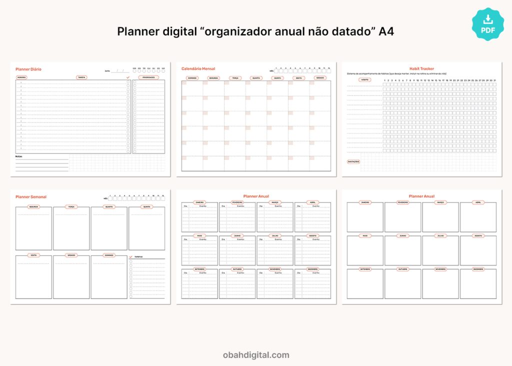 Planner digital anual mensal não datado para imprimir