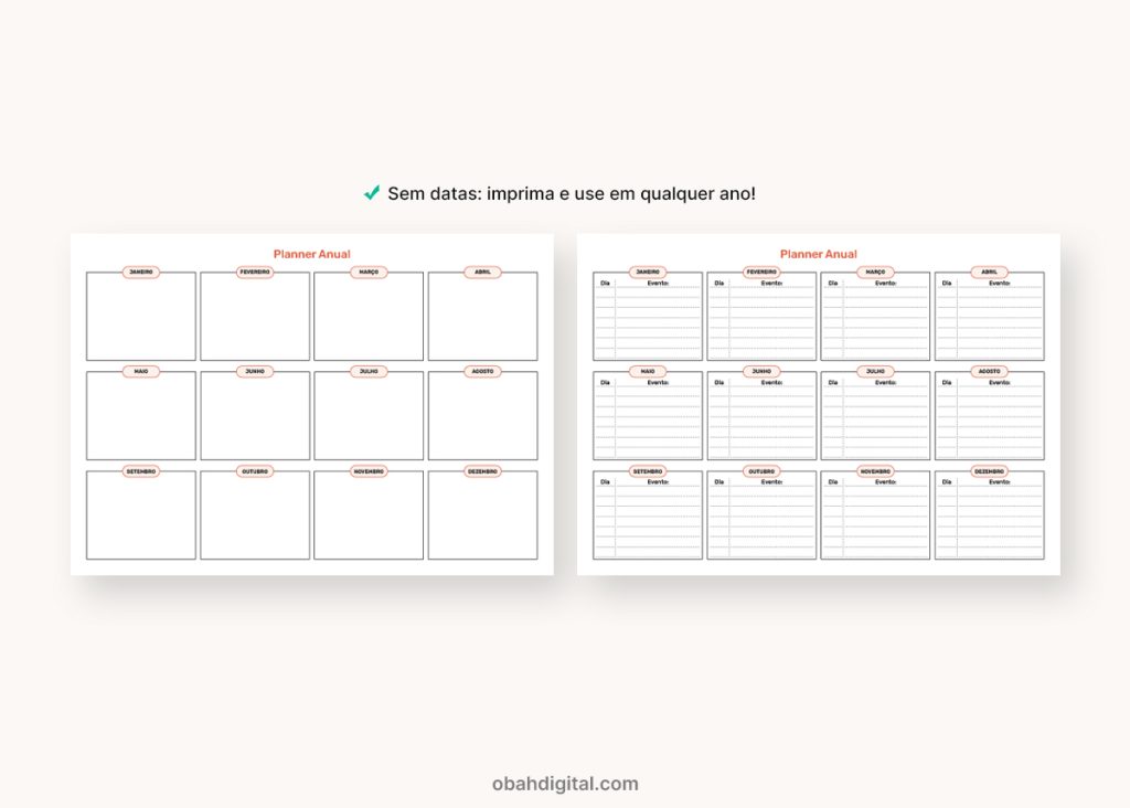 Planner digital anual mensal não datado para imprimir