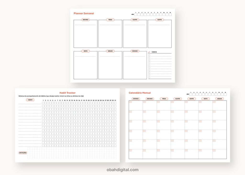 Planner digital anual mensal não datado para imprimir