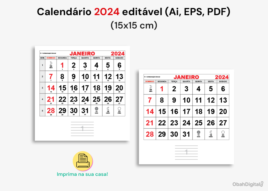 Calendário 2024 Editável para imprimir