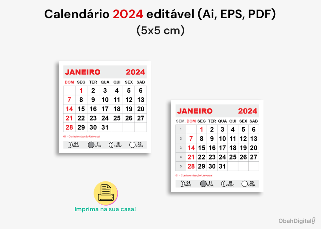 Calendário 2024 Editável para imprimir