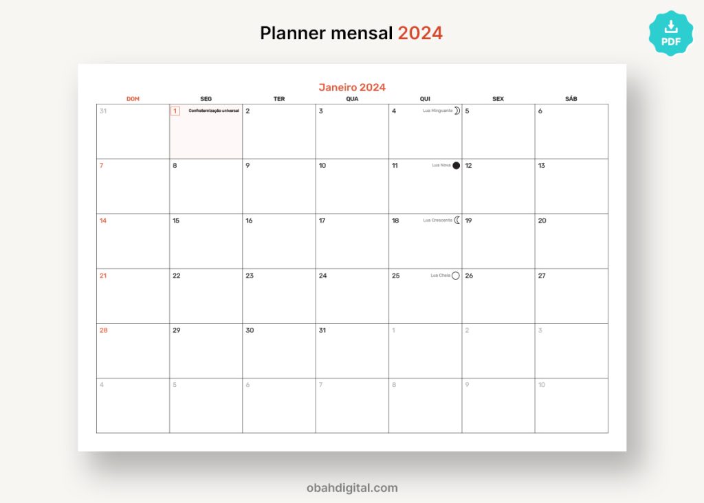 Planner mensal 2024 para imprimir download