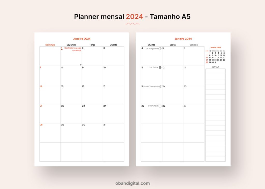 Planner mensal 2024 A5 Download