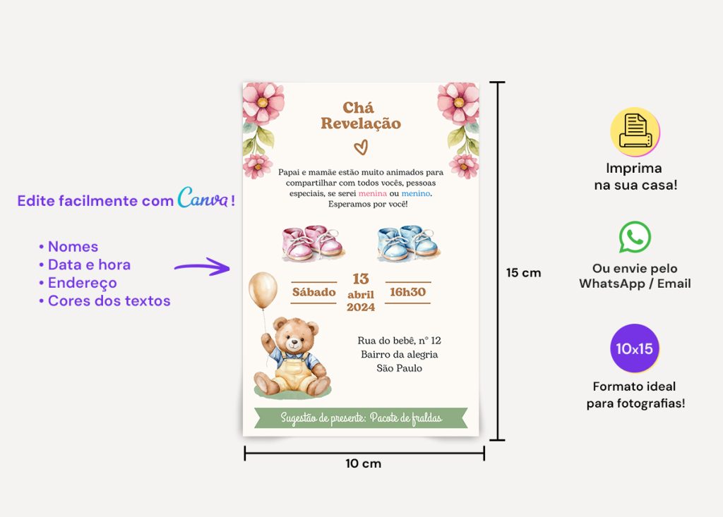 Convite Digital Chá Revelação Editável em Canva