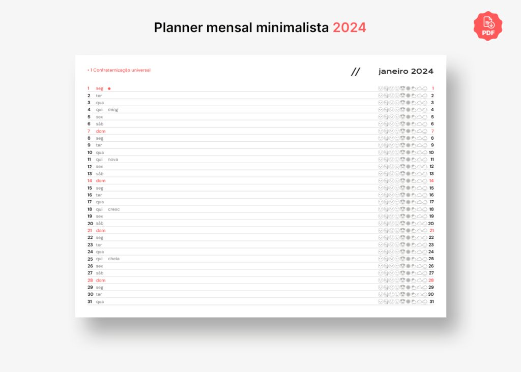 Planner mensal para imprimir 2024 A4