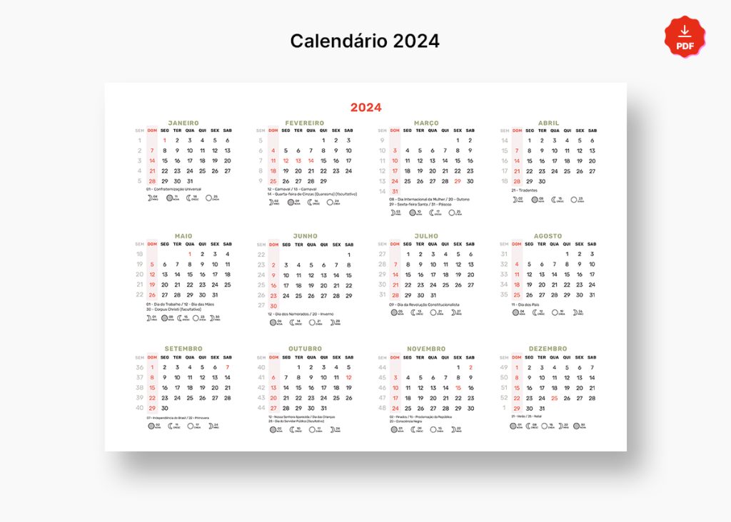 Calendário 2024 A4 para Imprimir