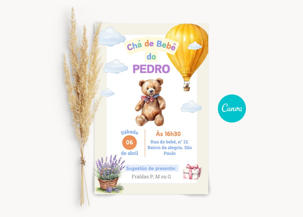 Convite Digital Chá de Bebê editável em Canva