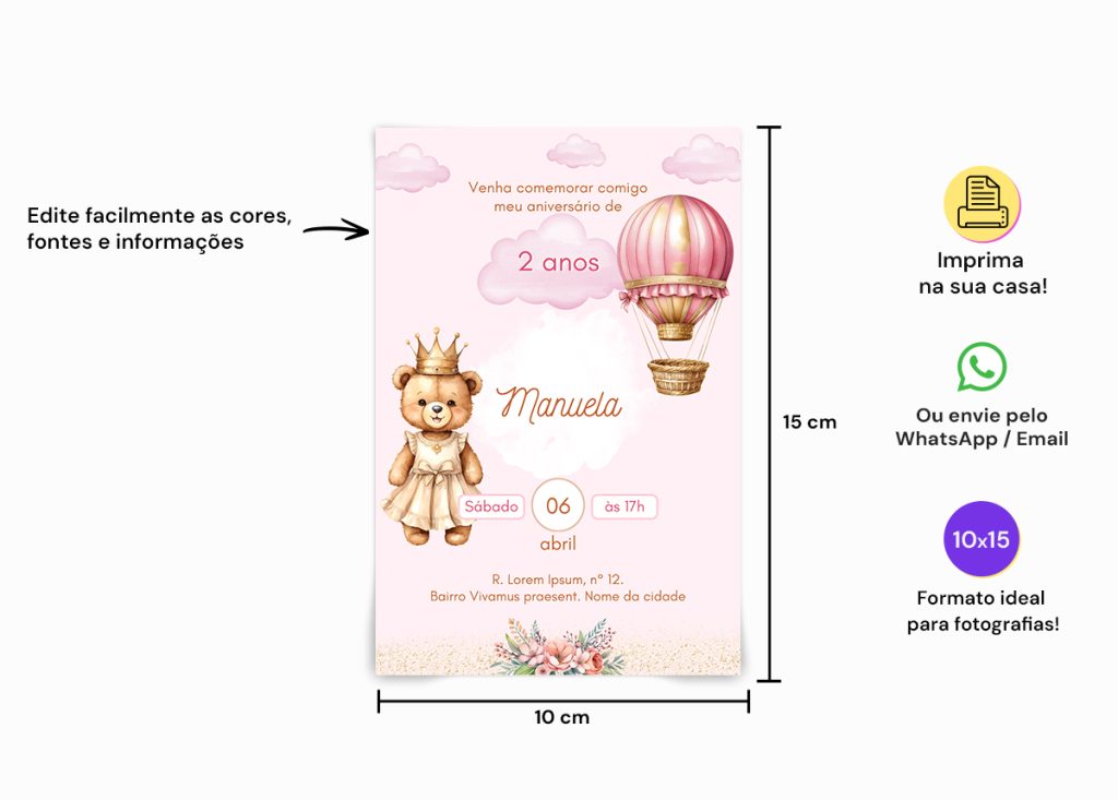 Convite Digital de aniversário infantil menina editável em Canva