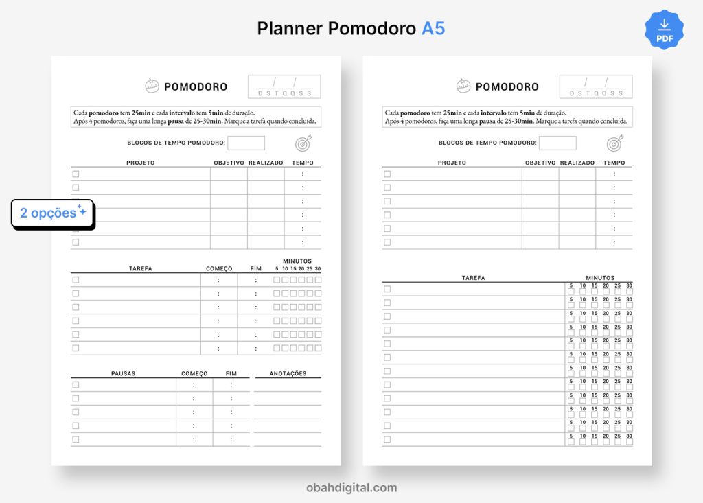 Planner Pomodoro A5 para imprimir