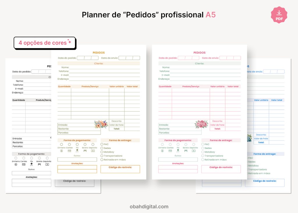 Planner Profissional Controle de Pedidos A5 para imprimir