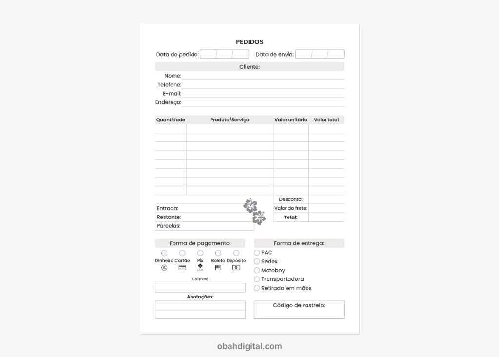 Planner Profissional Controle de Pedidos A5 para imprimir