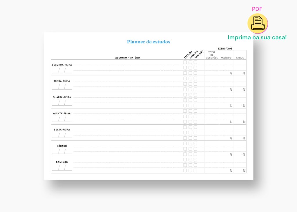 Planner de estudos para imprimir A4