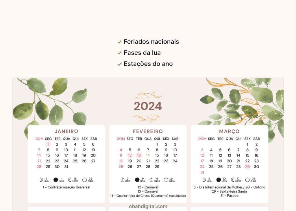 Calendário 2024 A4 para Imprimir