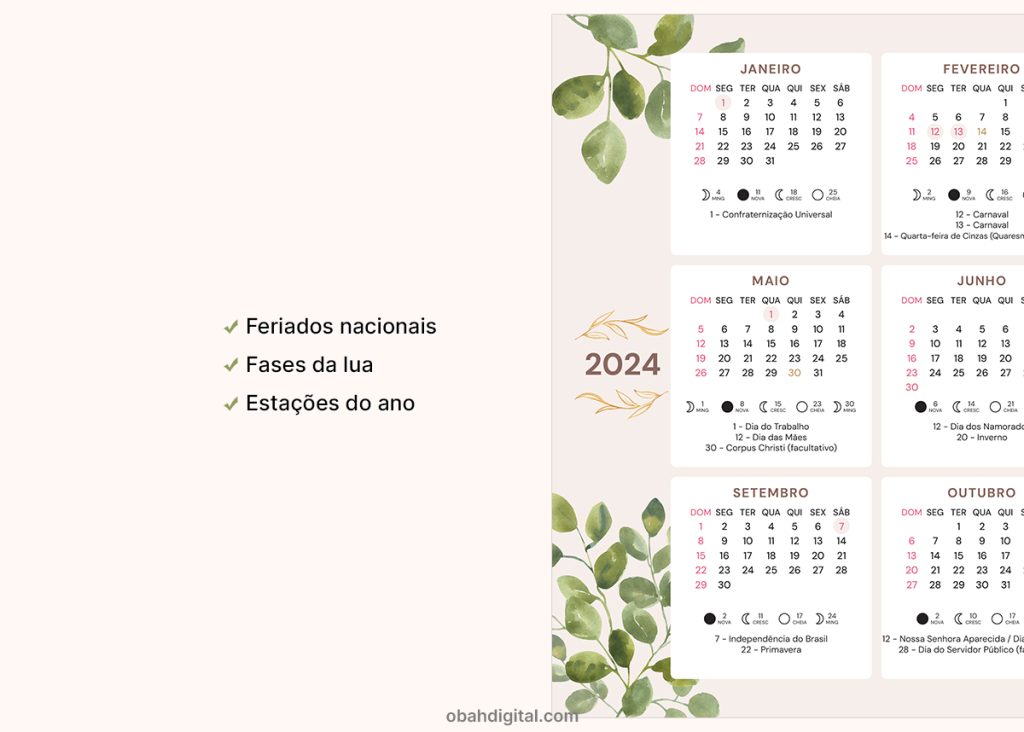 Calendário 2024 A4 para Imprimir