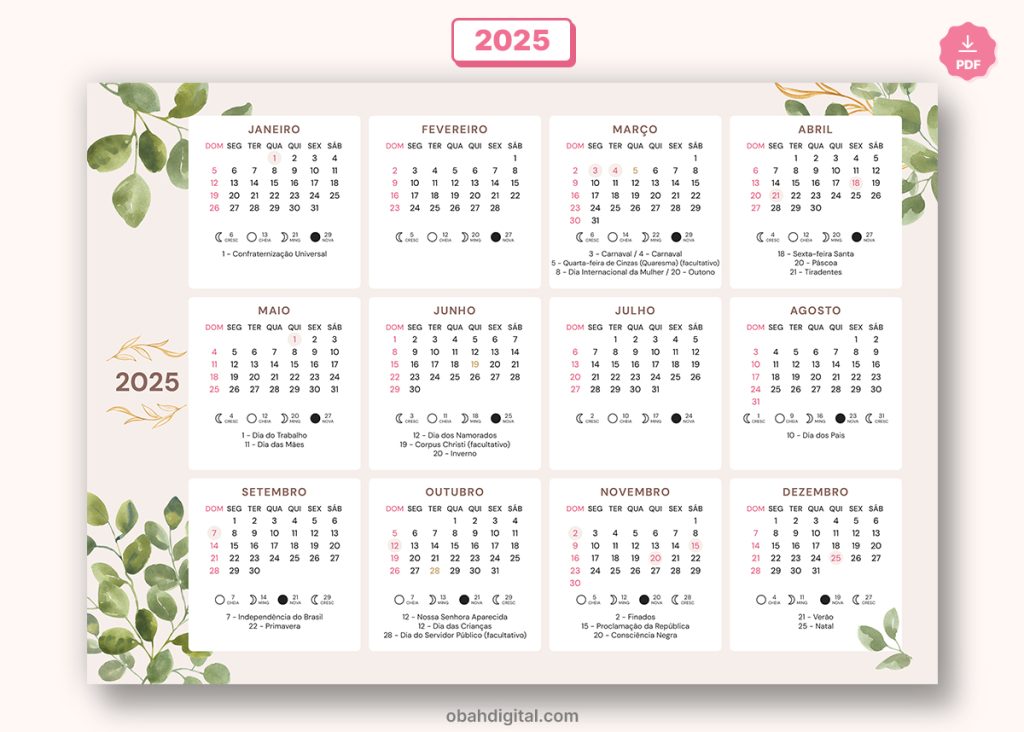 Calendário digital 2025 A4 para Imprimir