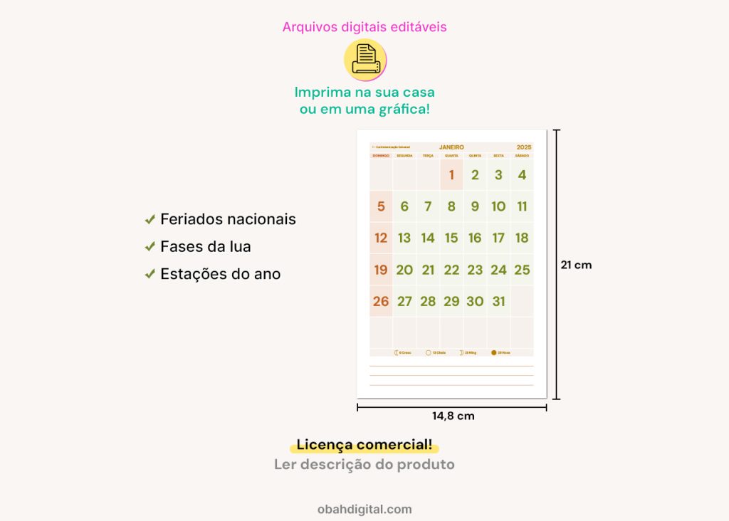 Calendário 2025 A5 para imprimir download