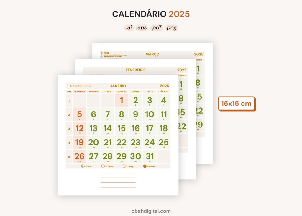 Calendário 2025 editável 15x15cm download