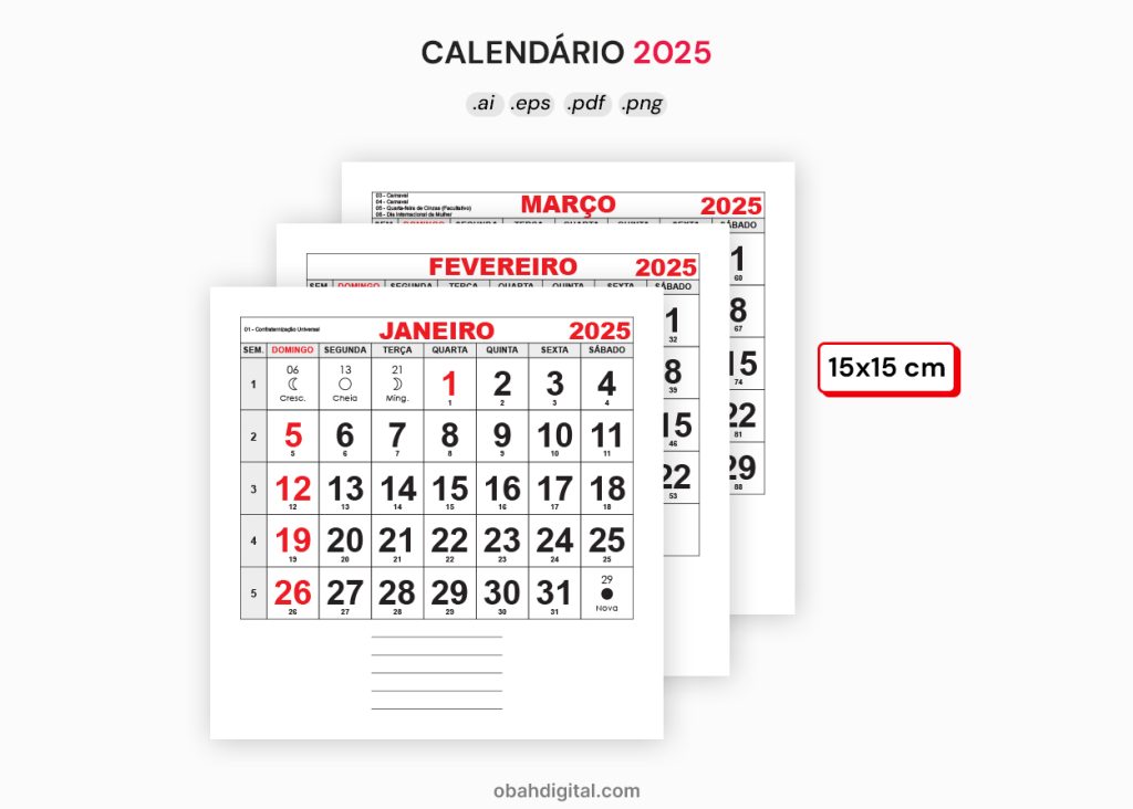 Calendário 2025 editável 15x15cm download