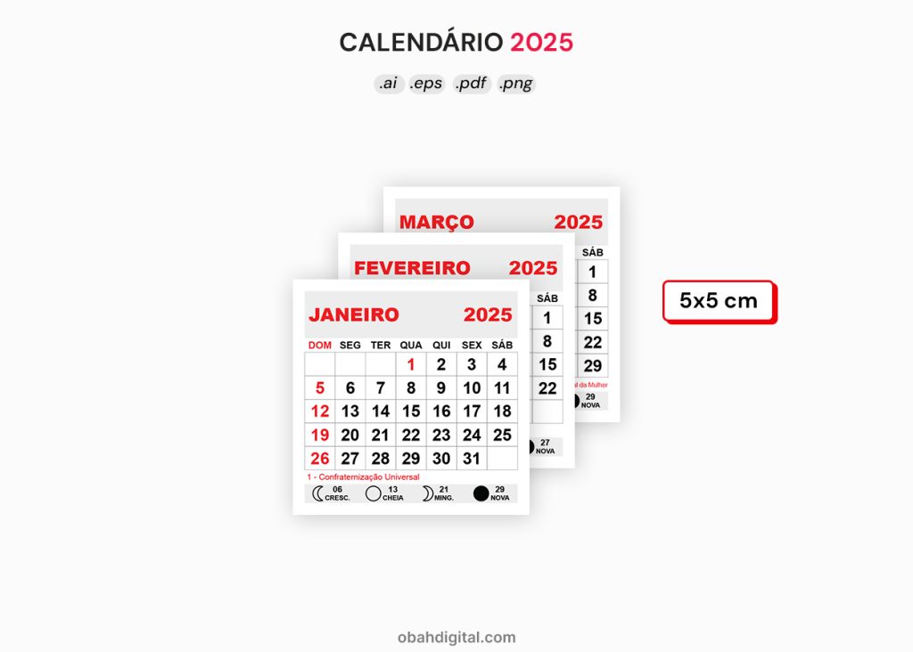 Calendário 2025 editável 5x5cm download