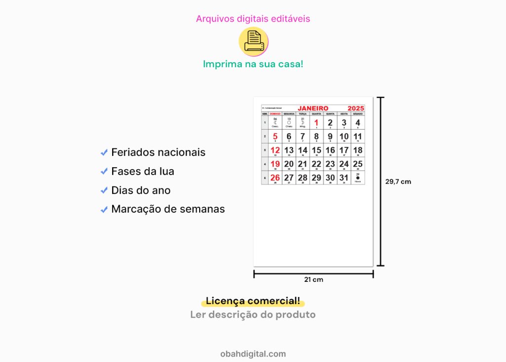 Calendário 2025 editável A4 download