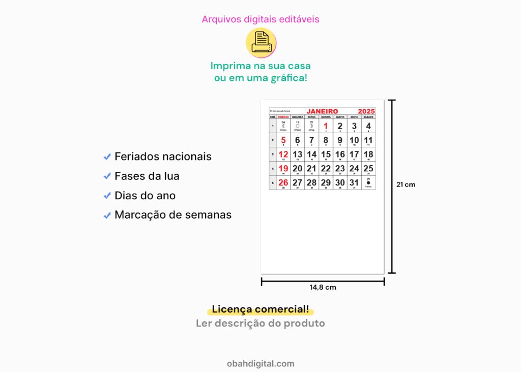 Calendário 2025 editável A5 download