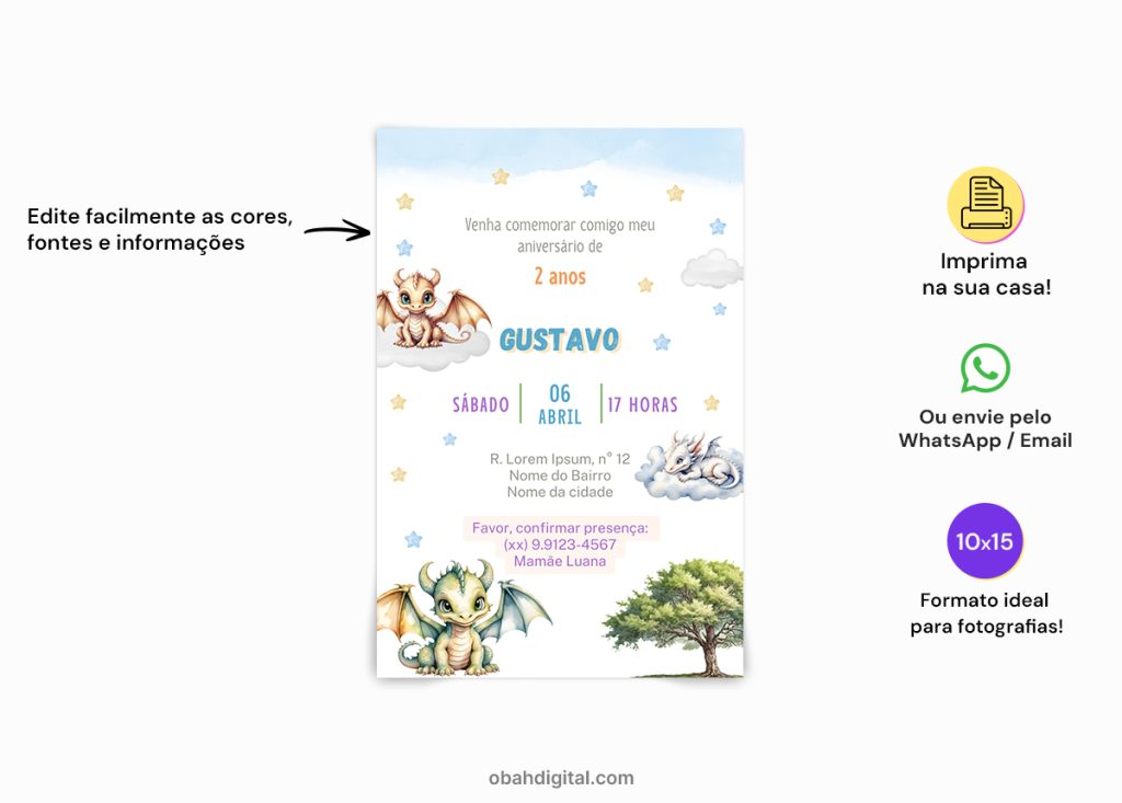 Convite Digital de aniversário infantil dragão menino editável em Canva