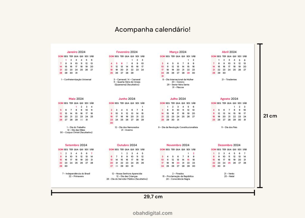 Planner Mensal 2024 A4 para Imprimir Download