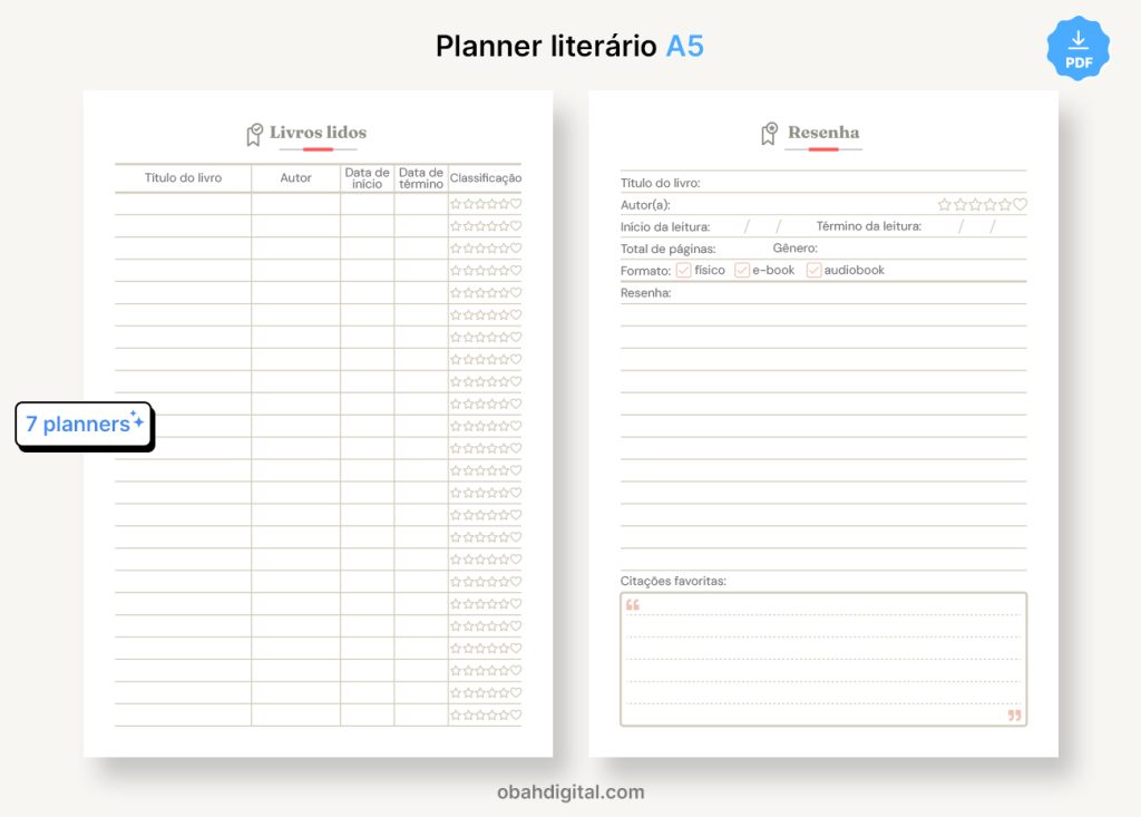 Planner literário A5 para imprimir