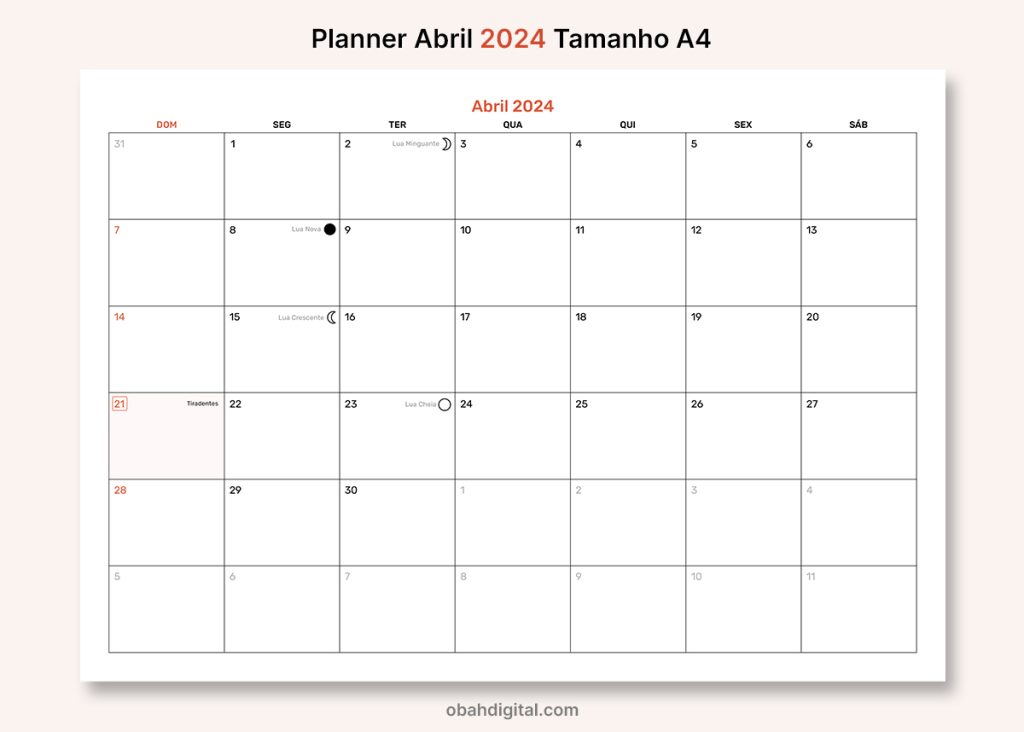 Planner mensal 2024 A4 Abril para imprimir