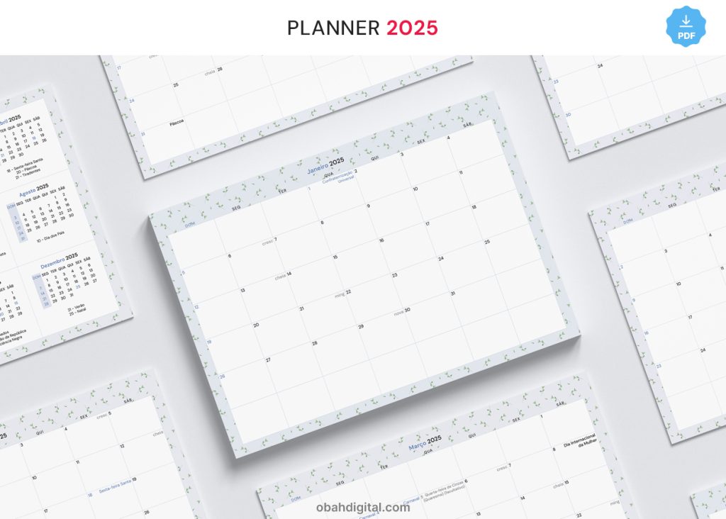 Planner digital mensal 2025 A4 para imprimir – Obah Digital