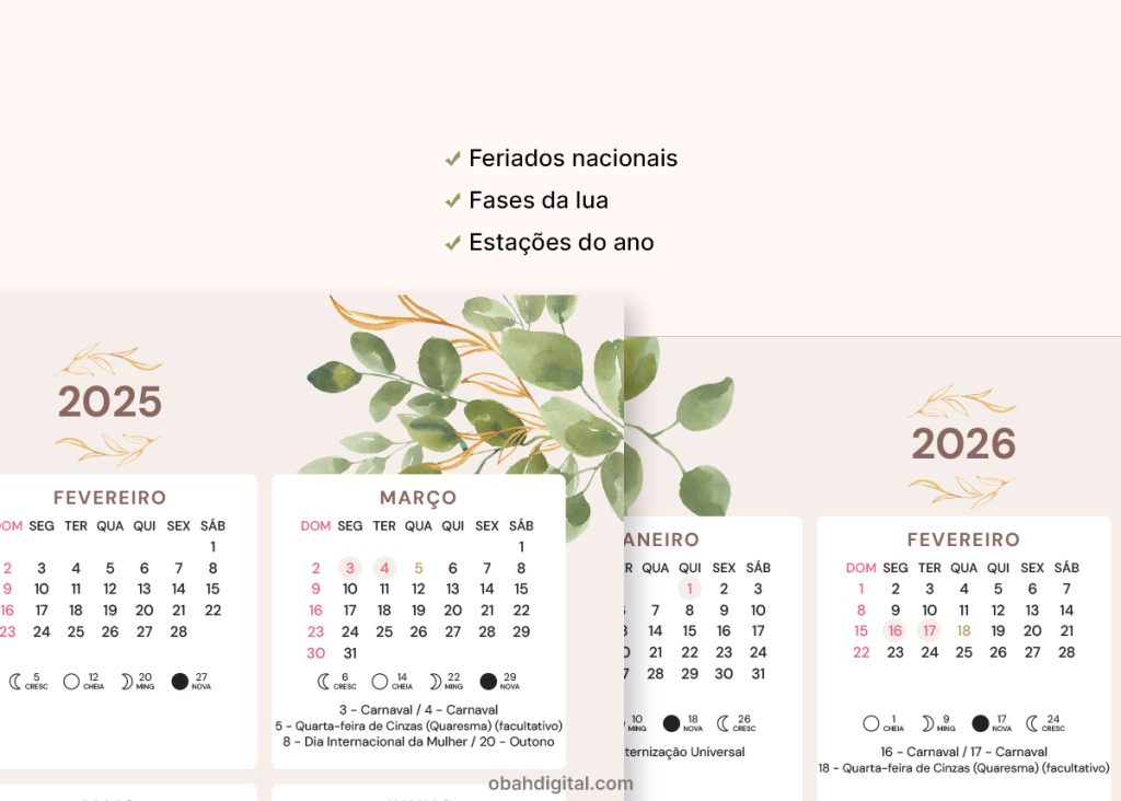 Calendário 2025 e 2026 A4 para Imprimir