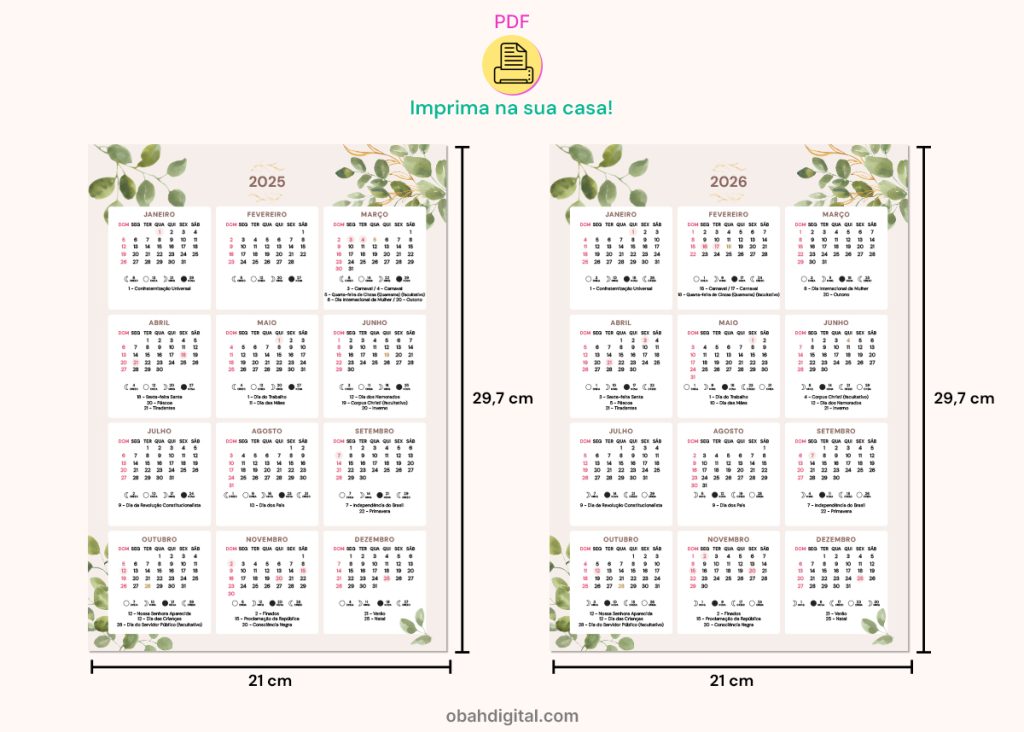 Calendário 2025 e 2026 A4 para Imprimir