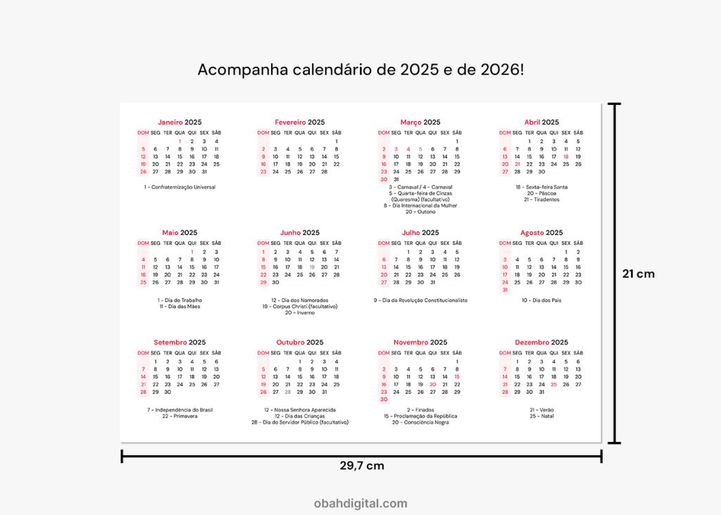 Planner Mensal 2025 e 2026 A4 para Imprimir