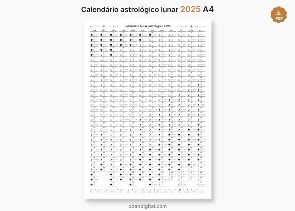 Calendário astrológico lunar 2025 A4 para imprimir