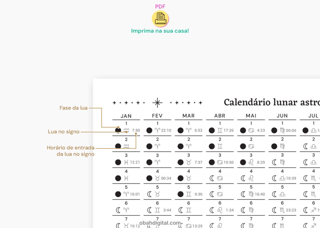 Calendário astrológico lunar 2025 A4 para imprimir