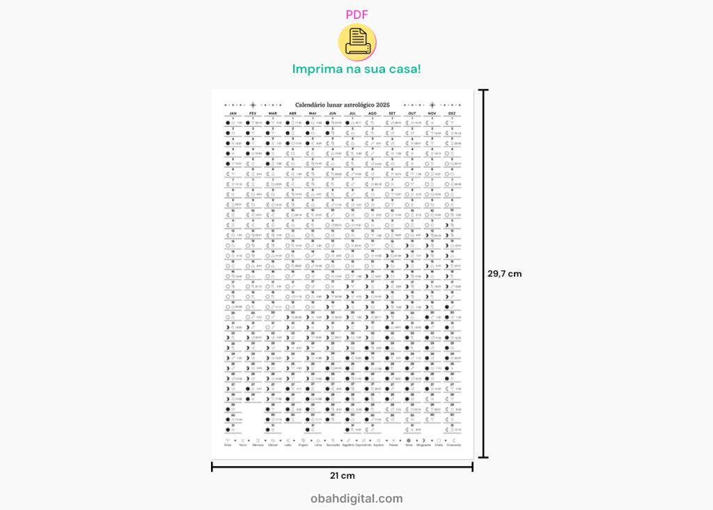 Calendário astrológico lunar 2025 A4 para imprimir