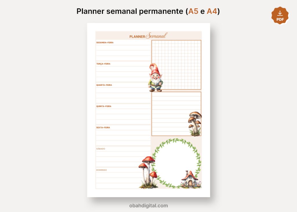 Planner semanal permanente A5 e A4 Gnomos