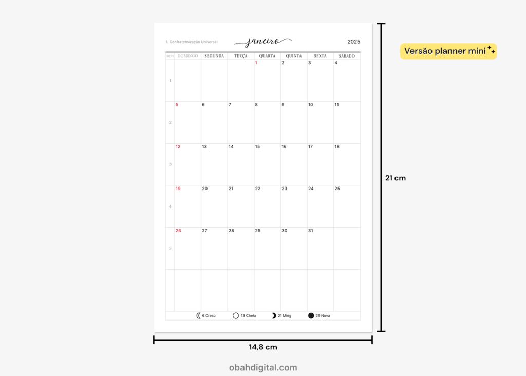 Calendário Planner 2025 A5 para imprimir