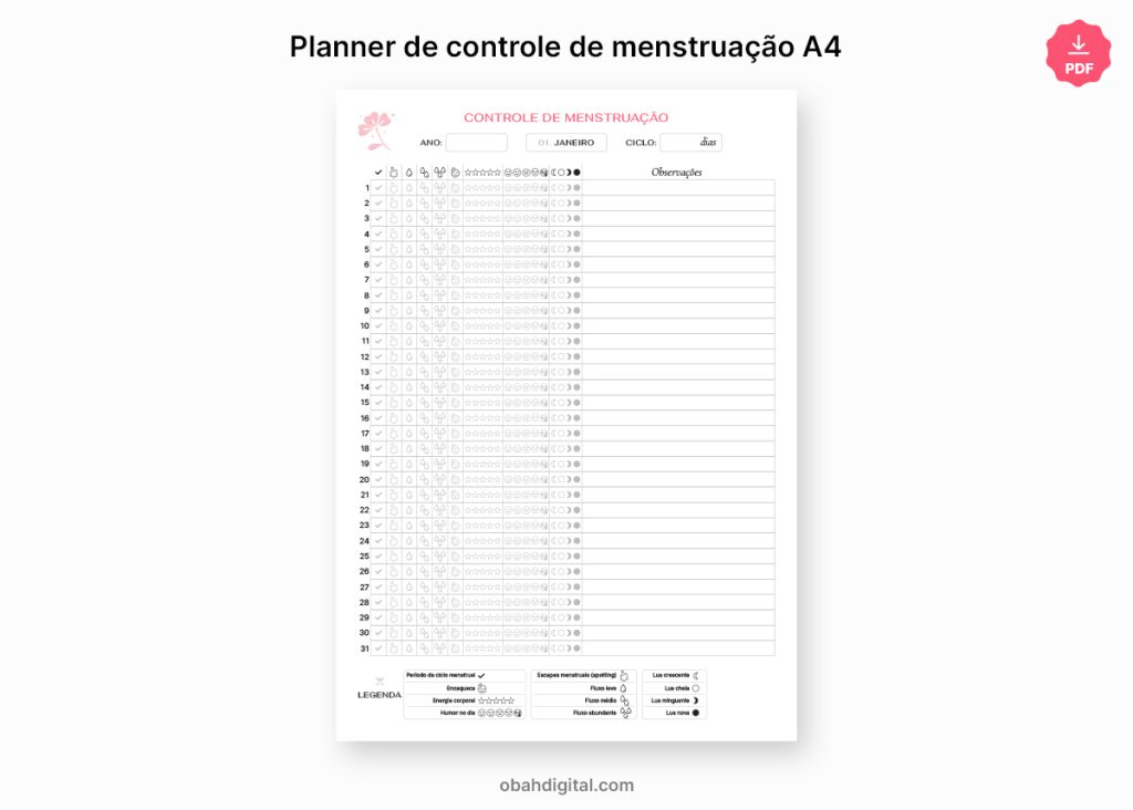 Planner controle menstruação para imprimir A4