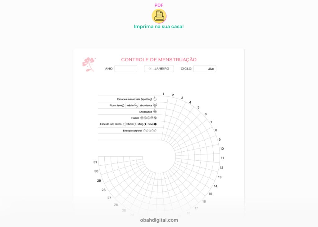 Planner controle menstruação para imprimir A4