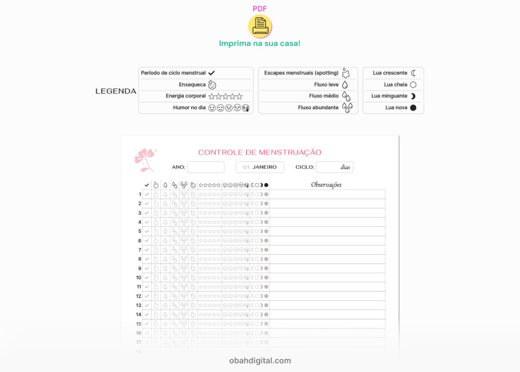 Planner controle menstruação para imprimir A4