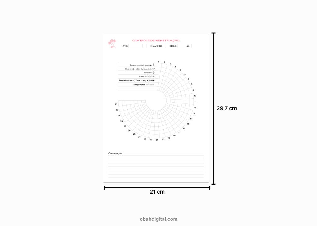 Planner controle menstruação para imprimir A4