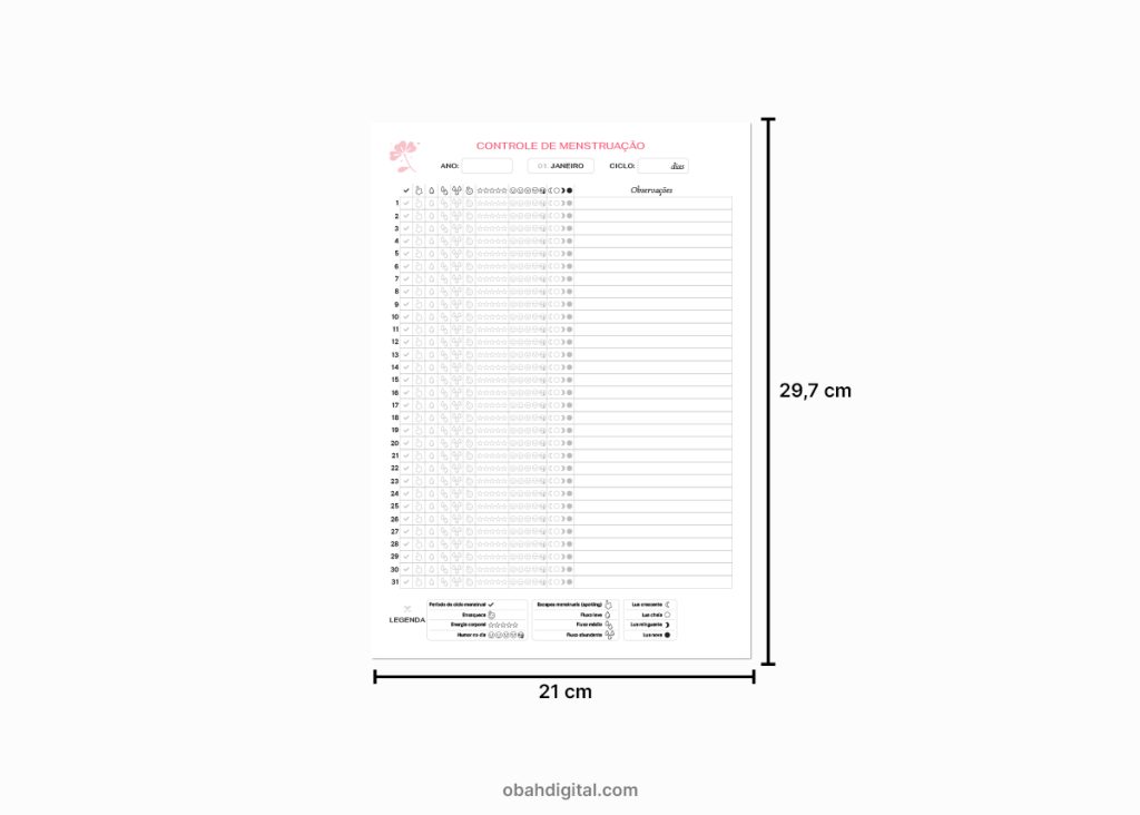 Planner controle menstruação para imprimir A4