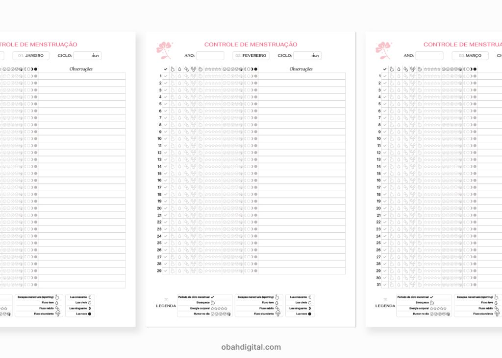 Planner controle menstruação para imprimir A4