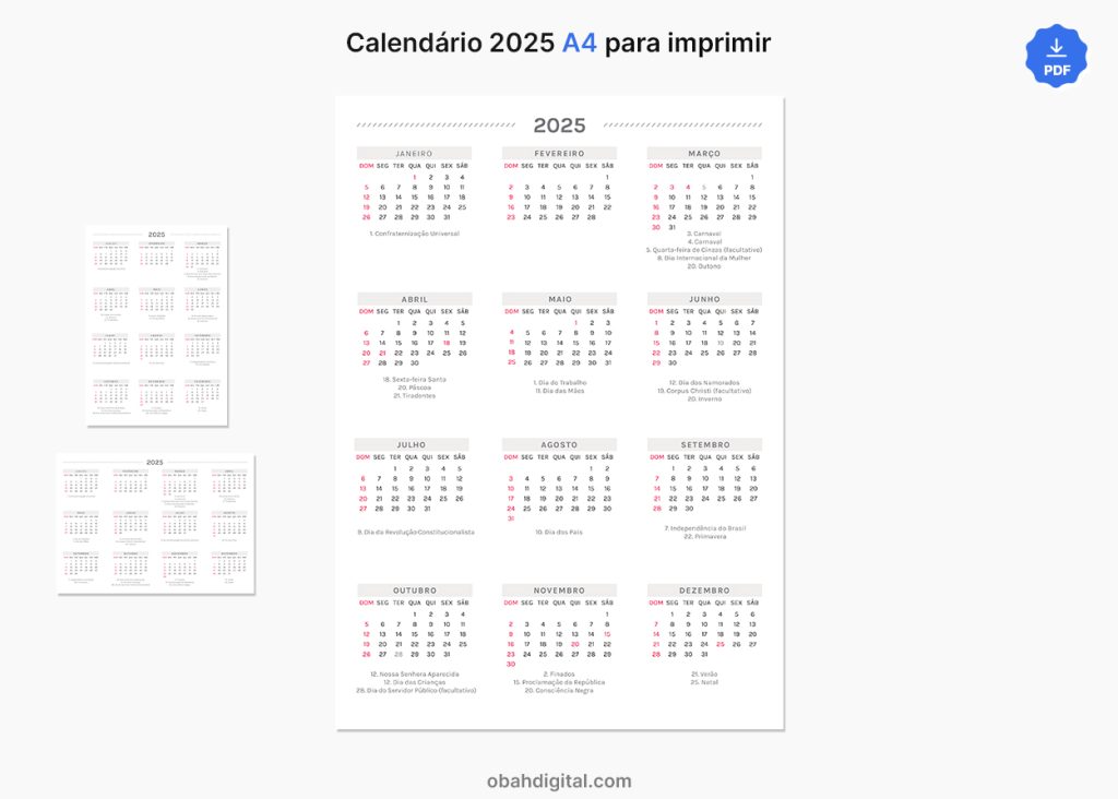 Calendário 2025 A4 para imprimir