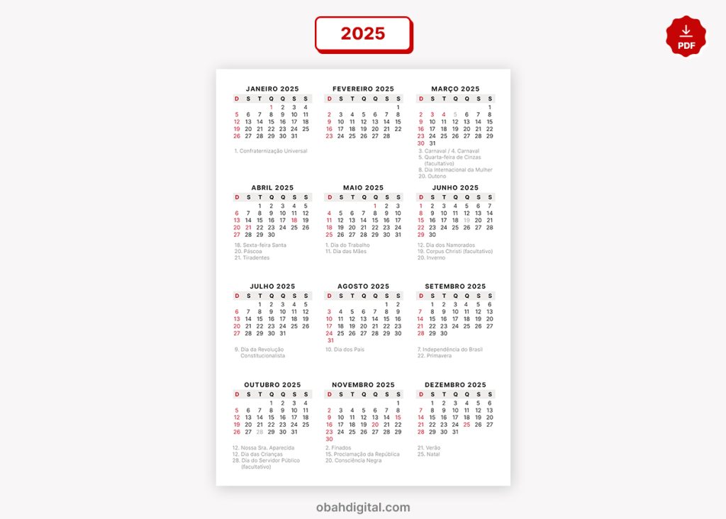 Calendário 2025 A5 para imprimir