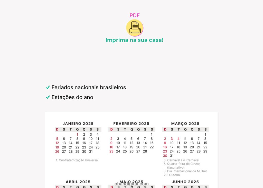 Calendário 2025 A5 para imprimir