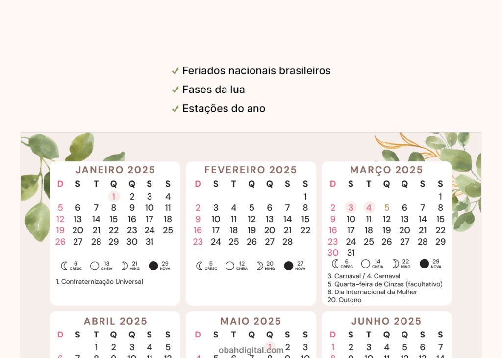 Calendário 2025 A5 para imprimir