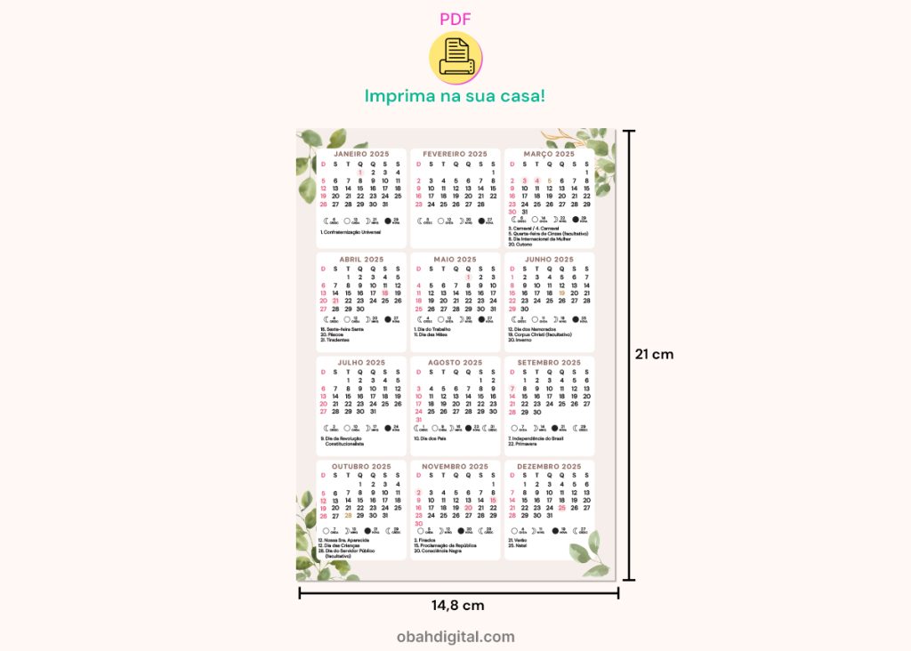 Calendário 2025 A5 para imprimir