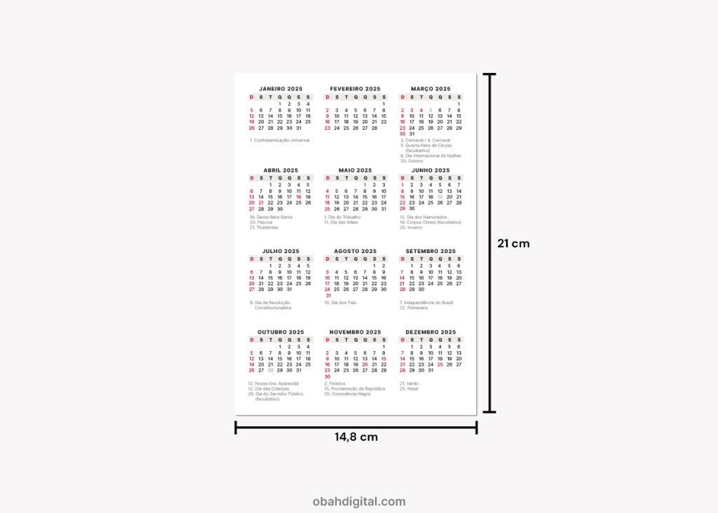 Calendário 2025 A5 para imprimir